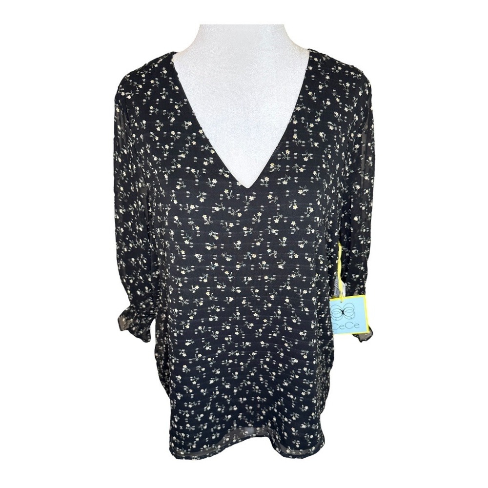 CeCe Black Floral Print V-Neck Long Sleeve Blouse Top Size Medium NWT